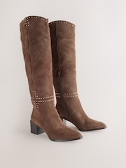 Chocolate Brown Suede Forever Comfort® Studded Knee High Block Heel Boots - Image 2 of 7