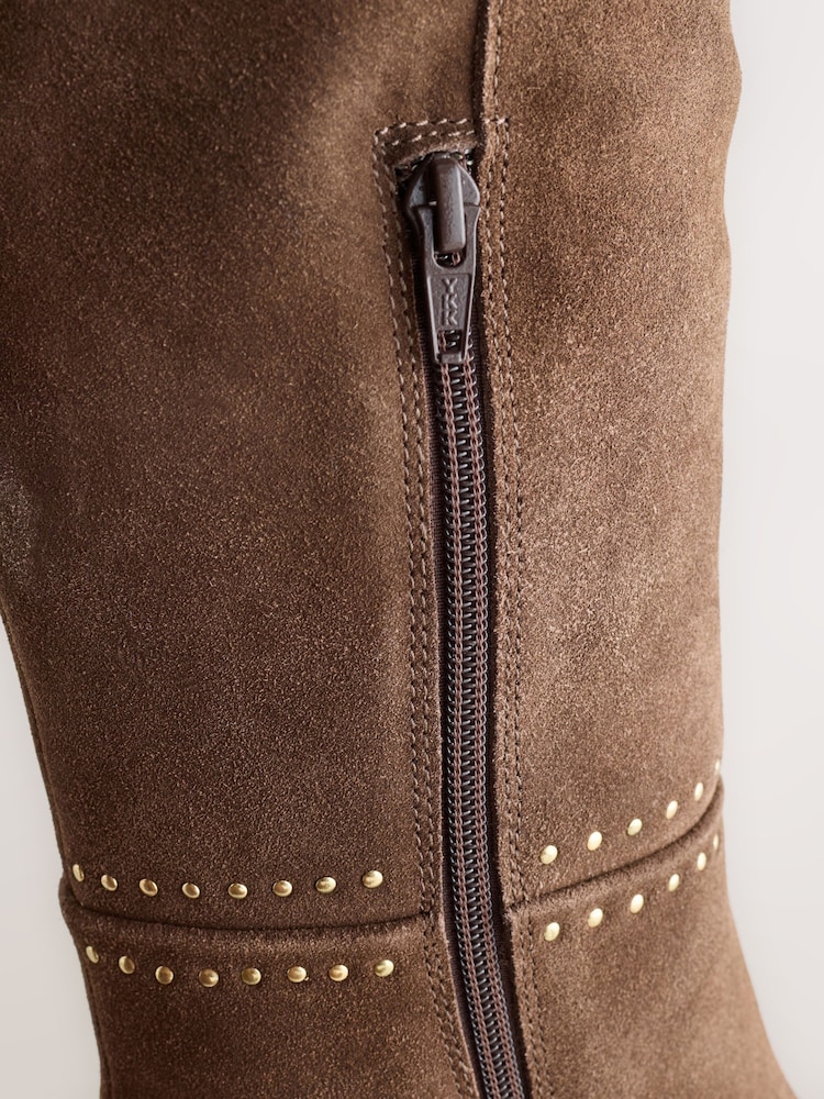 Chocolate Brown Suede Forever Comfort® Studded Knee High Block Heel Boots - Image 7 of 7