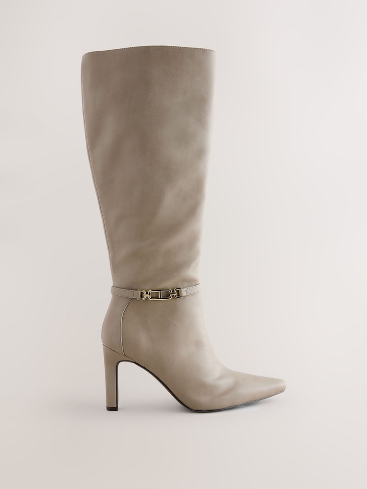 Taupe Forever Comfort® Knee High Hardware Trim Heeled Boots - Image 1 of 5