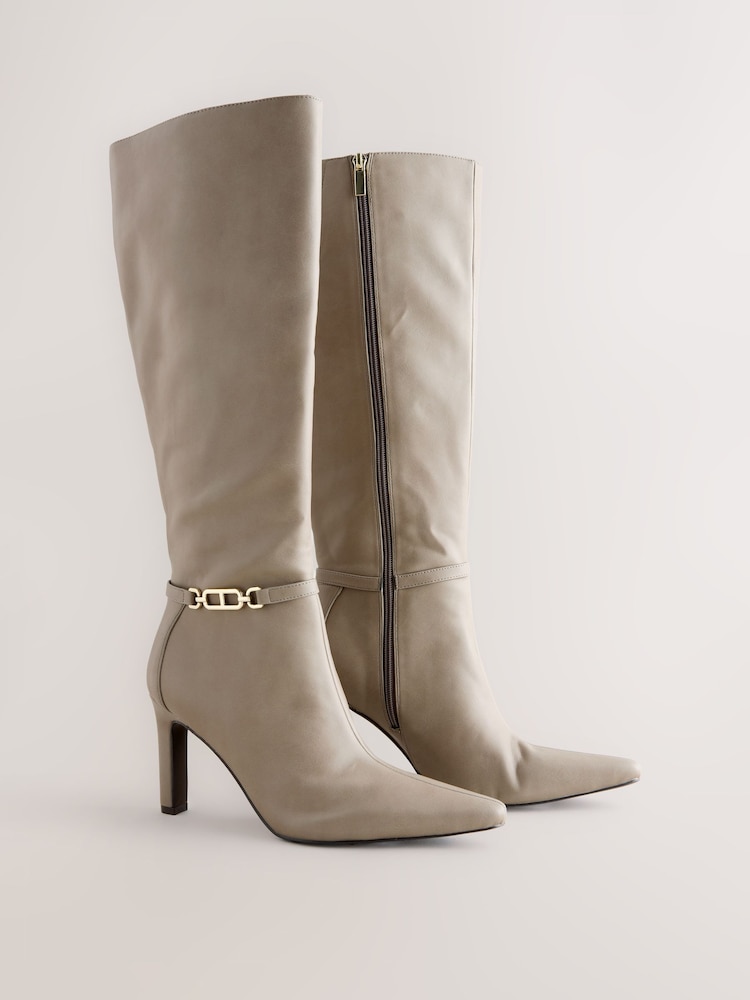 Taupe Forever Comfort® Knee High Hardware Trim Heeled Boots - Image 2 of 5