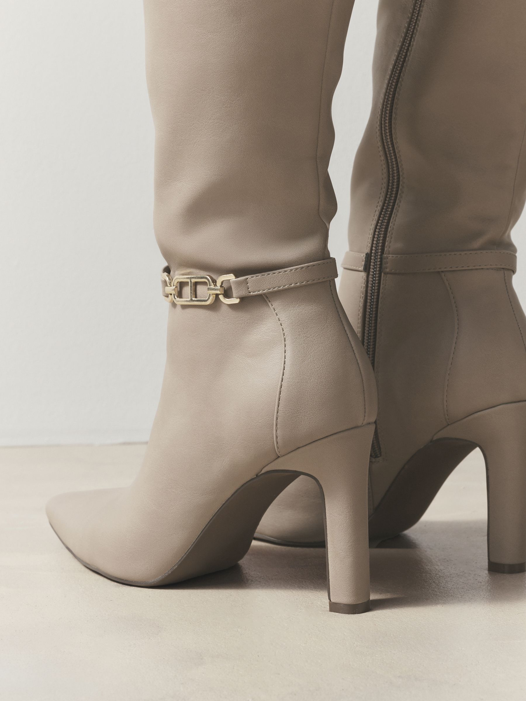 Buy Taupe Forever Comfort® Knee High Hardware Trim Heeled Boots