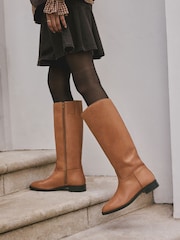 Tan Brown Leather Standard/Wide Fit Forever Comfort® Knee High Flat Rider Boots - Image 1 of 10