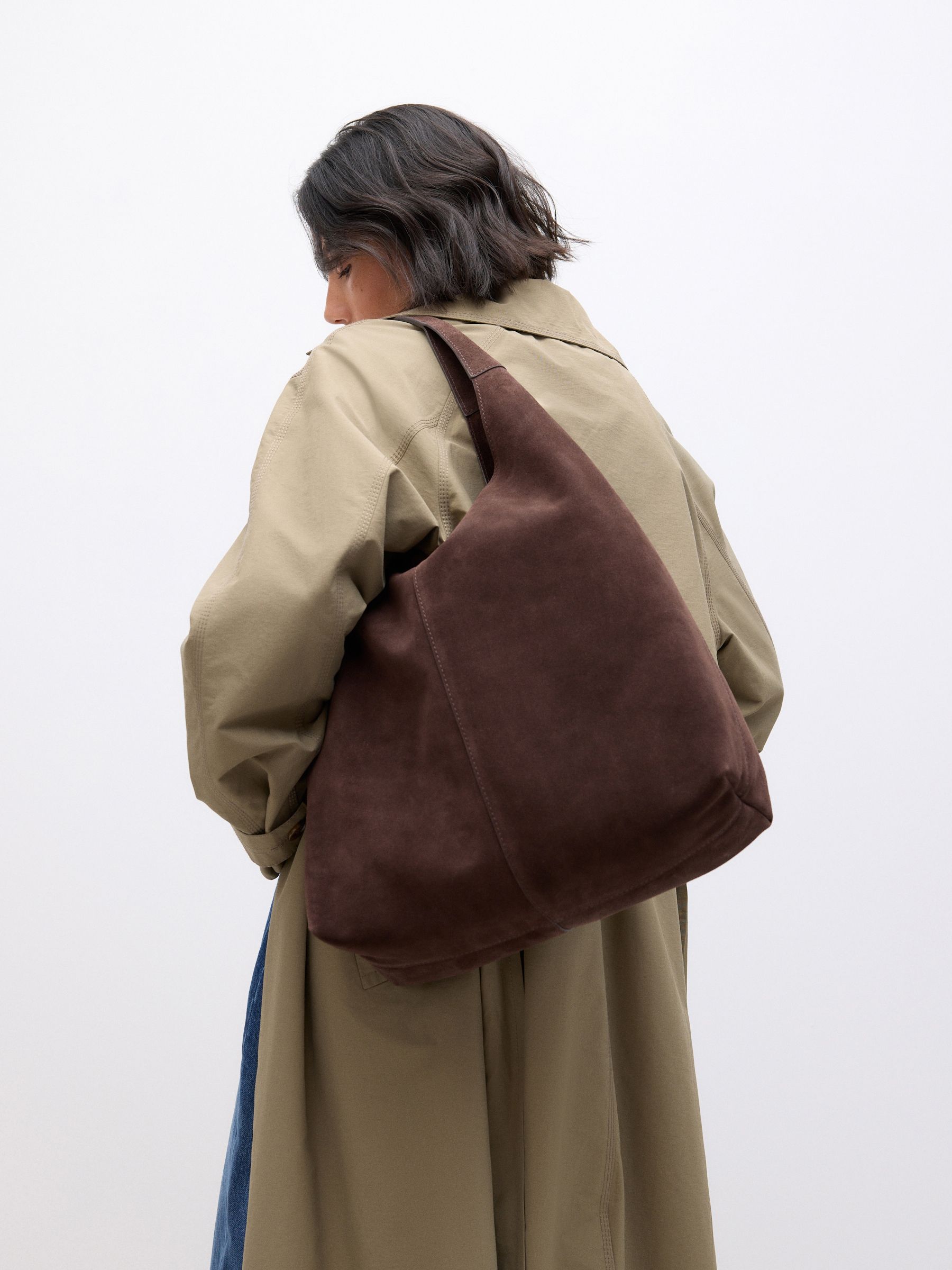 Buy Chocolate Brown Suede Leather Slouchy Shoulder Bag from Next