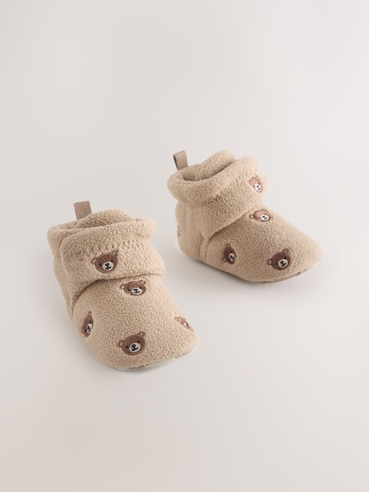 Neutral Brown Bear Print Baby Touch Fastening Slipper Boots (0-2mths) - Image 1 of 5