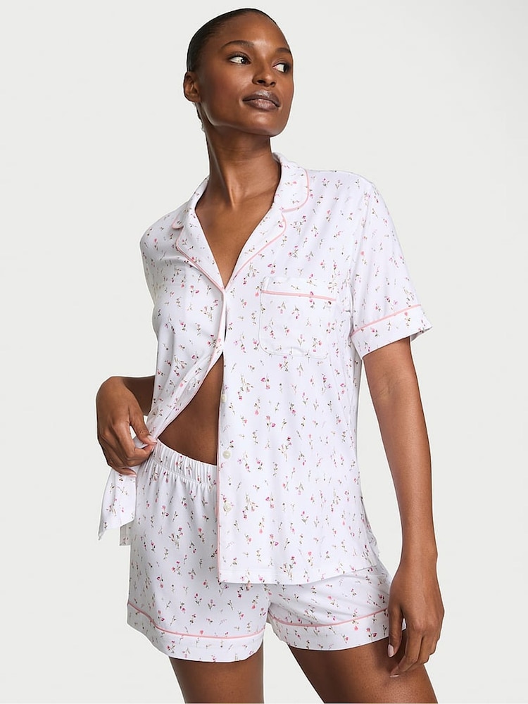 Victoria's Secret White & Pink Ditsy Floral Modal Short Pyjama Set - Image 1 of 3