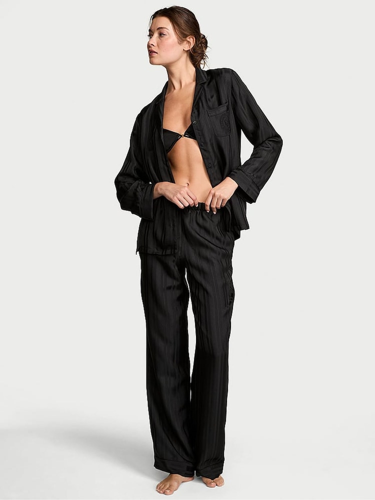 Victoria's Secret Black Stripe Jacquard Satin Long Pyjama Set - Image 1 of 2 Victoria's Secret Black Stripe Jacquard Satin Long Pyjama Set - Image 1 of 2