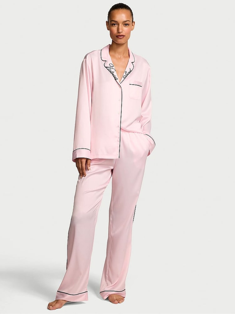 Victoria's Secret Angel Pink With Embroidery Satin Long Pyjama Set - Image 1 of 3