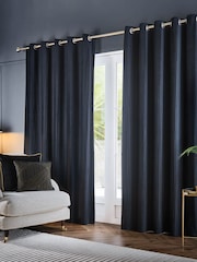 Paoletti Midnight Corinthian Velvet Room Darkening Lined Eyelet Curtain Pair - Image 2 of 6