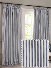 Yard Navy Hebden Striped Cotton Lined Eyelet Curtains Lined Pair - Image 1 of 1