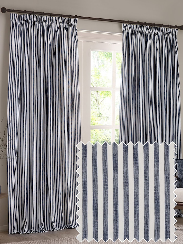 Yard Navy Hebden Striped Cotton Lined Eyelet Curtains Lined Pair - Image 1 of 1