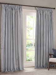 Yard Navy Hebden Striped Cotton Lined Eyelet Curtains Lined Pair - Image 2 of 5