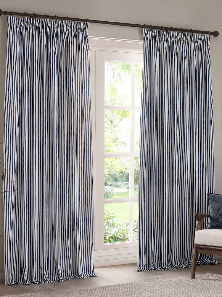 Yard Navy Hebden Striped Cotton Lined Eyelet Curtains Lined Pair - Image 2 of 5