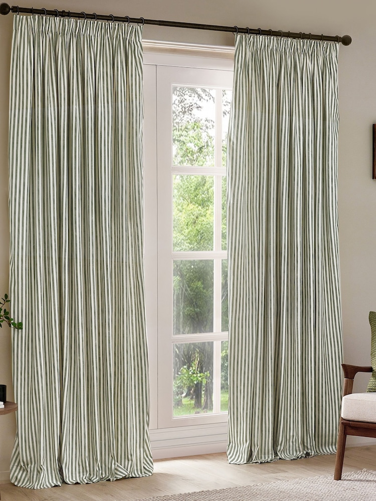 Yard Green Hebden Striped Cotton Lined Eyelet Curtains Lined Pair - Image 2 of 5