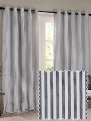 Yard Navy Hebden Striped Cotton Lined Eyelet Curtains Pair - Image 1 of 4
