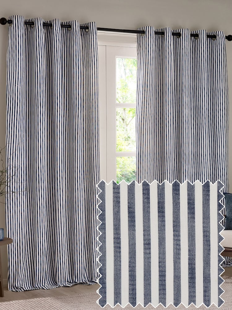 Yard Navy Hebden Striped Cotton Lined Eyelet Curtains Pair - Image 1 of 4