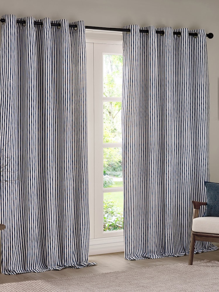 Yard Navy Hebden Striped Cotton Lined Eyelet Curtains Pair - Image 2 of 4