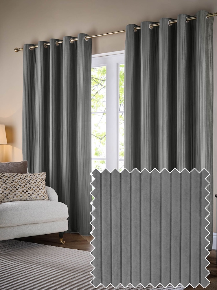 Paoletti Dove Grey Corinthian Velvet Room Darkening Lined Eyelet Curtain Pair - Image 1 of 6