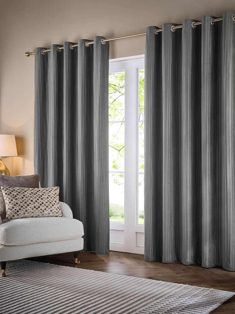Paoletti Dove Grey Corinthian Velvet Room Darkening Lined Eyelet Curtain Pair - Image 2 of 6