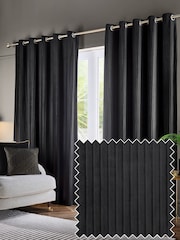 Paoletti Black Corinthian Velvet Room Darkening Lined Eyelet Curtain Pair - Image 1 of 6