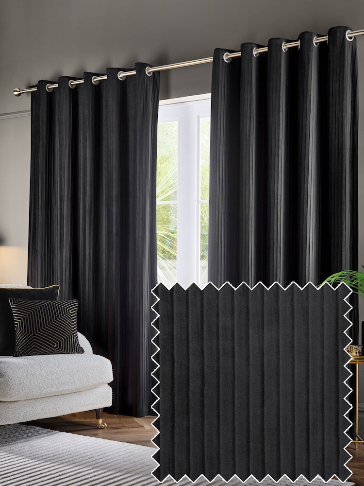 Paoletti Black Corinthian Velvet Room Darkening Lined Eyelet Curtain Pair - Image 1 of 6