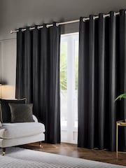 Paoletti Black Corinthian Velvet Room Darkening Lined Eyelet Curtain Pair - Image 2 of 6