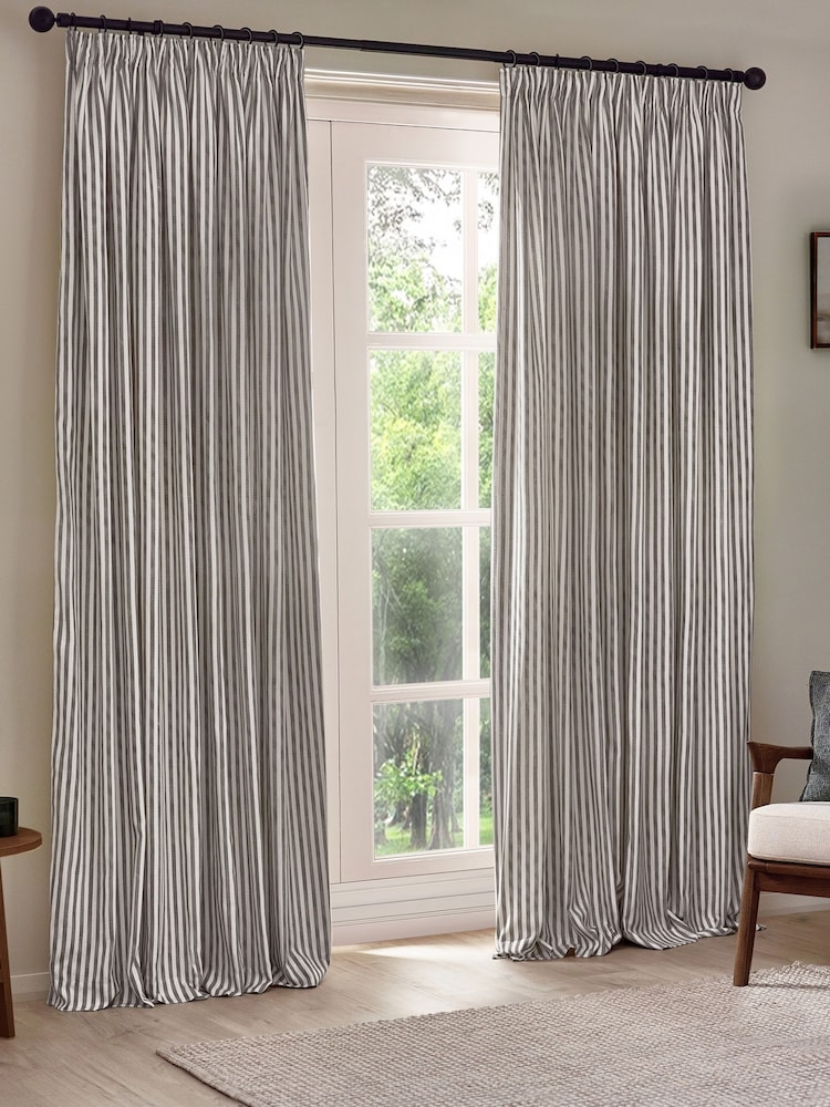 Yard Grey Hebden Striped Cotton Lined Eyelet Curtains Lined Pair - Image 2 of 5