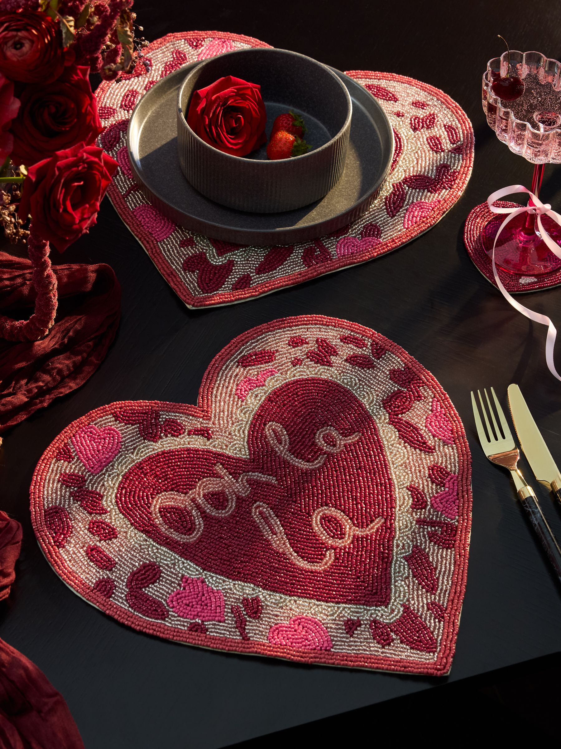 Buy Set of 2 Pink Beaded Heart Placemats from Next USA