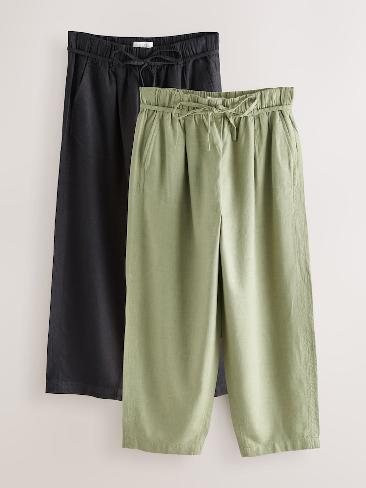 Black/Sage Green Tie Waist Barrel Leg Linen Blend Trousers 2 Pack - Image 1 of 9