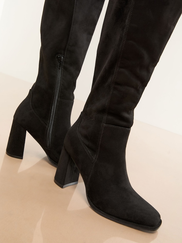Lipsy Black Standard fit Block Heel Stretch Faux Suede Boots - Image 2 of 4 Lipsy Black Standard fit Block Heel Stretch Faux Suede Boots - Image 2 of 4