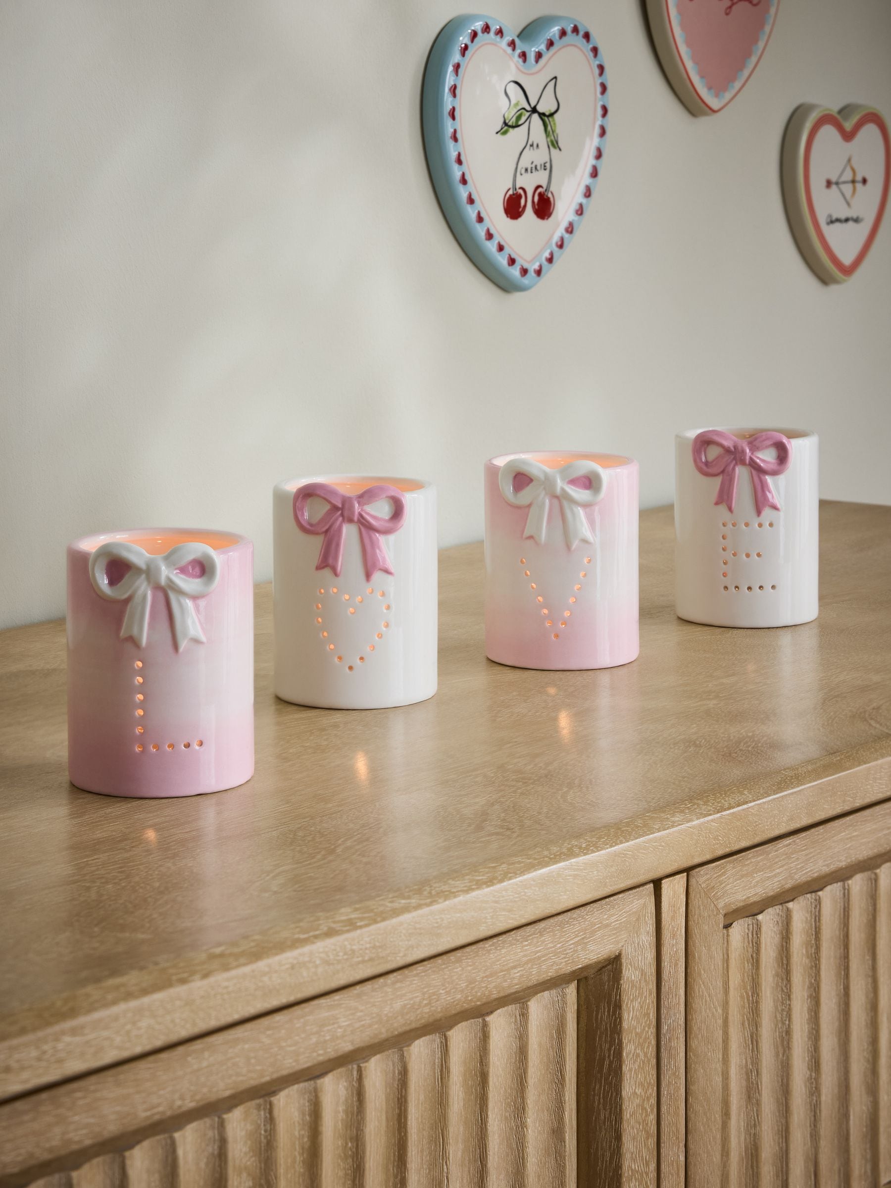 Set of 4 Pink/White Ceramic Bow 'Love' Tea Light Holders