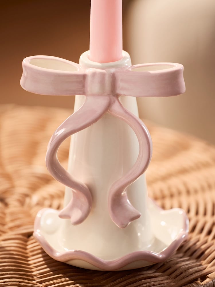 Pink/White Ceramic Bow Taper Candle Holder - Image 2 of 3 Pink/White Ceramic Bow Taper Candle Holder - Image 2 of 3