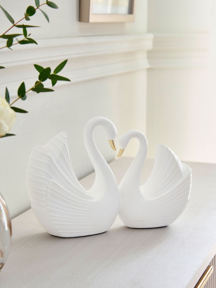 White Pleated Ceramic Swans Ornament - Image 1 of 3 White Pleated Ceramic Swans Ornament - Image 1 of 3