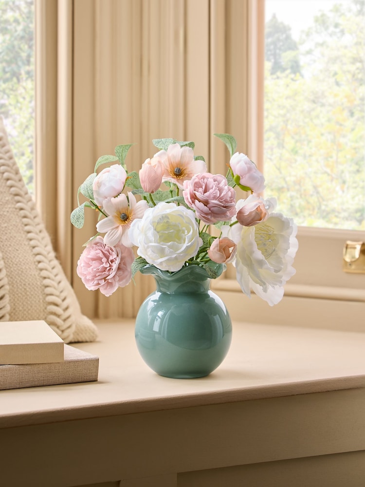 Pink/White Artificial Floral Arrangement In Frill Glass Vase - Image 1 of 3