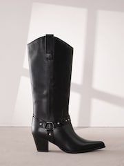 Black Leather Signature Chisel Toe Harness Western Cowboy Boots - Image 1 of 5