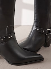 Black Leather Signature Chisel Toe Harness Western Cowboy Boots - Image 3 of 5