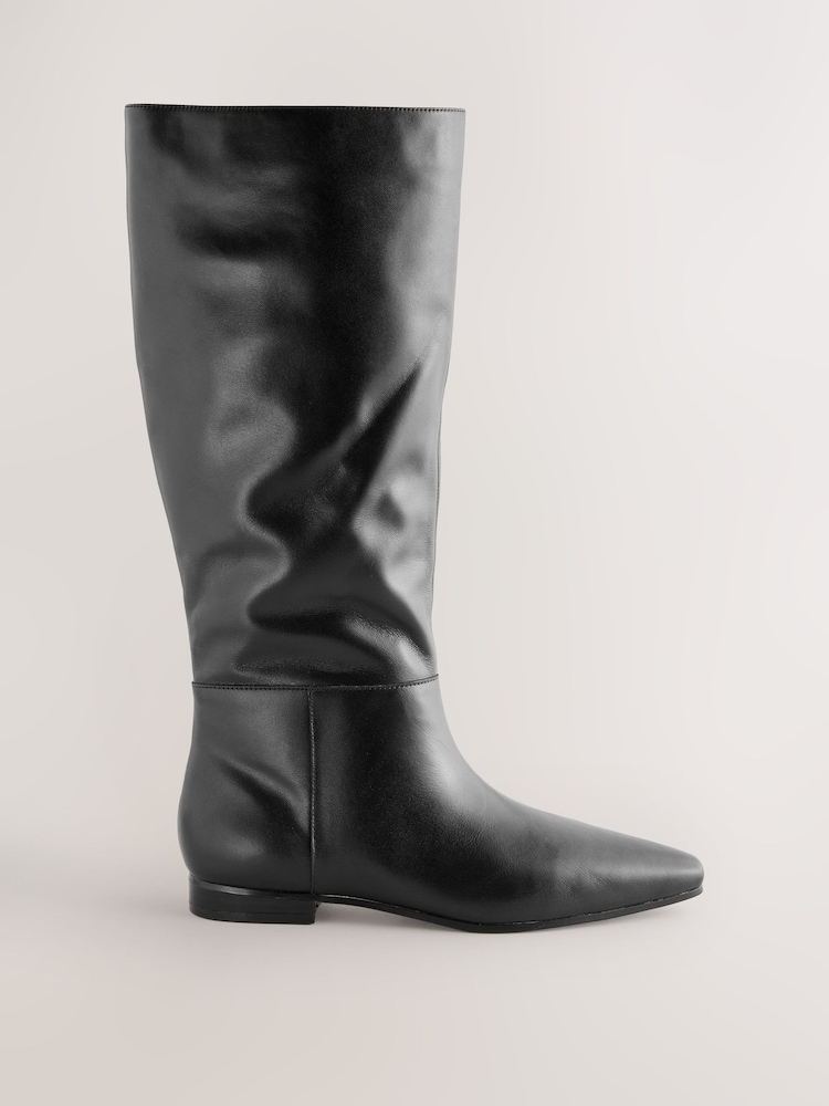 Black Leather Forever Comfort® Flat Chisel Toe Knee High Boots - Image 1 of 6