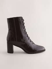 Chocolate Brown Leather Forever Comfort® Lace-Up Block Heeled Patent Boots - Image 1 of 5