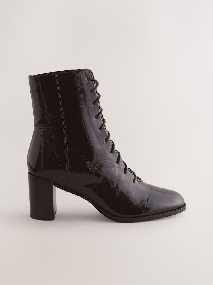 Chocolate Brown Leather Forever Comfort® Lace-Up Block Heeled Patent Boots - Image 1 of 5