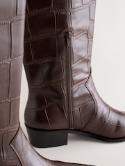 Chocolate Brown Croc Embossed Forever Comfort® Chisel Toe Knee High Boots - Image 3 of 10