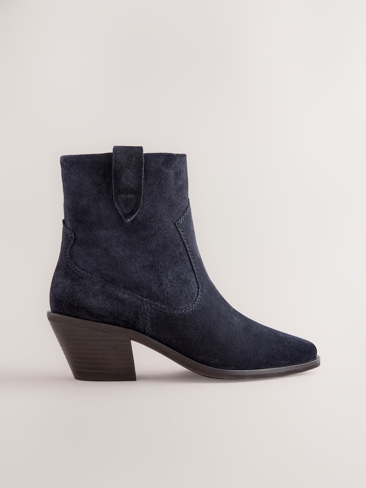 Navy Blue Suede Standard/Wide Fit Cowboy Block Heel Ankle Boots - Image 1 of 7