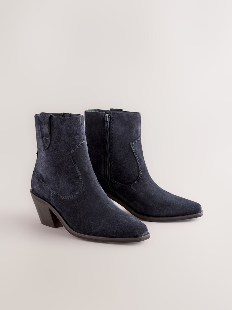 Navy Blue Suede Standard/Wide Fit Cowboy Block Heel Ankle Boots - Image 2 of 7