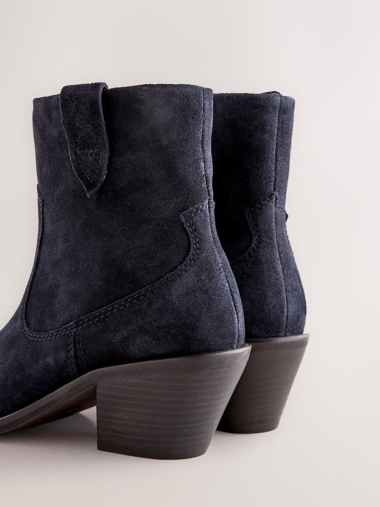 Navy Blue Suede Standard/Wide Fit Cowboy Block Heel Ankle Boots - Image 7 of 7