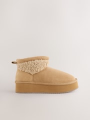 Tan Brown Suede Faux Fur Borg Platform Boots - Image 1 of 5