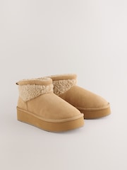 Tan Brown Suede Faux Fur Borg Platform Boots - Image 2 of 5