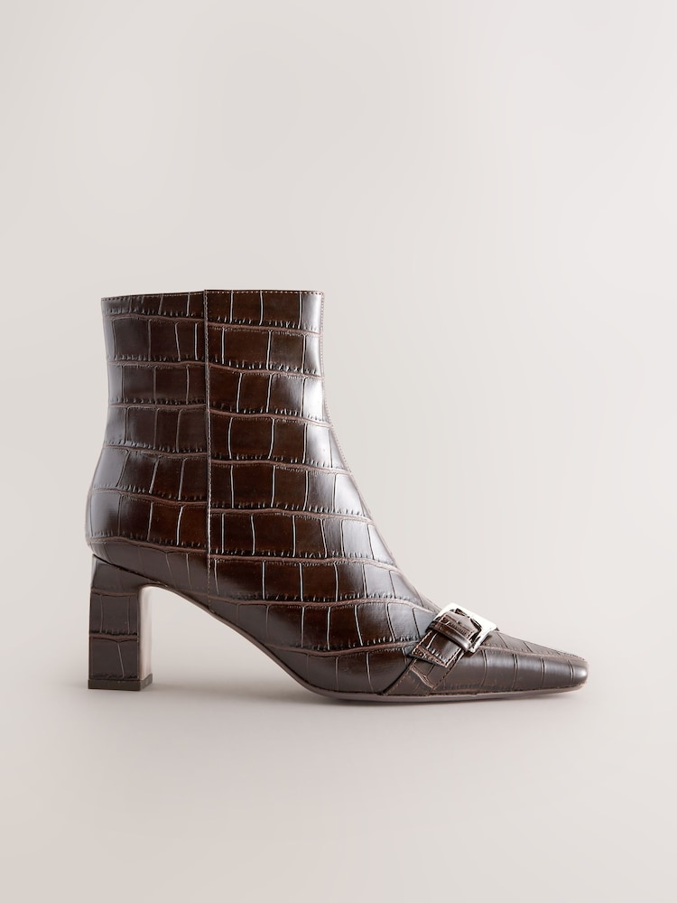 Chocolate Brown Croc Forever Comfort® Point Chisel Toe Block Heel Buckle Detail Boots - Image 1 of 5