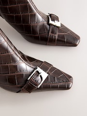 Chocolate Brown Croc Forever Comfort® Point Chisel Toe Block Heel Buckle Detail Boots - Image 4 of 5