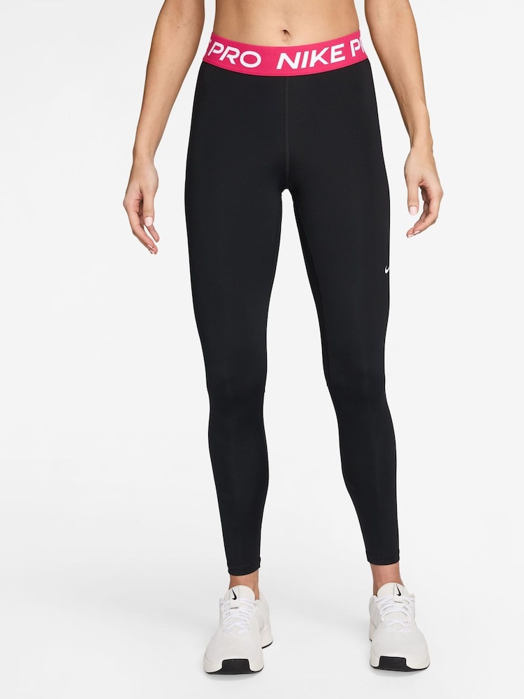 Nike Black Rush Pink Pro Mid Rise Mesh Panelled Leggings - Image 1 of 3 Nike Black Rush Pink Pro Mid Rise Mesh Panelled Leggings - Image 1 of 3