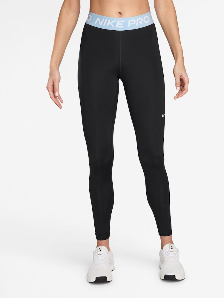 Nike Black Celestine Blue Pro Mid Rise Mesh Panelled Leggings - Image 1 of 3 Nike Black Celestine Blue Pro Mid Rise Mesh Panelled Leggings - Image 1 of 3