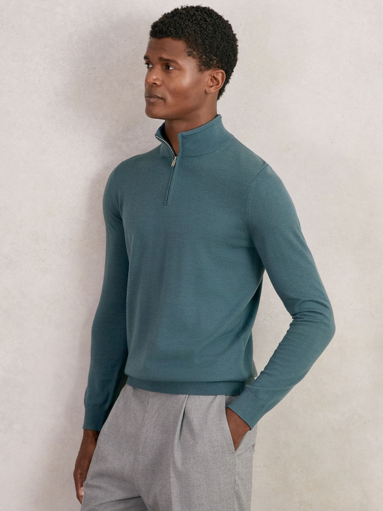 Reiss Orion Blue Blackhall Merino Wool Half Zip Jumper - Image 1 of 6