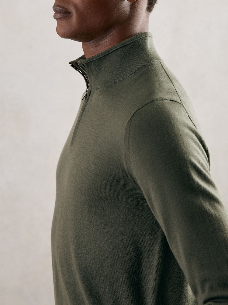 Reiss Kale Green Blackhall Merino Wool Half-Zip Jumper - Image 1 of 5